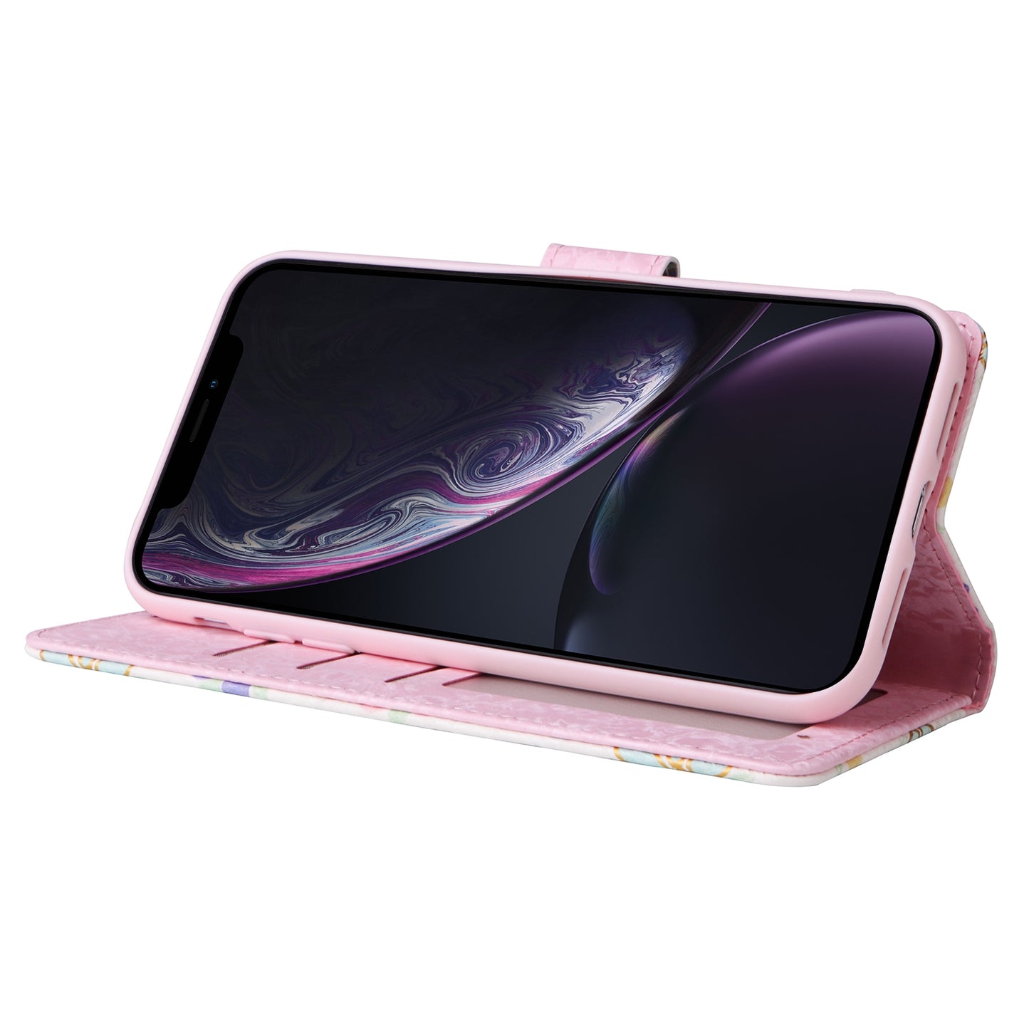 iPhone XR Luxury Bronzing Leather Case - Floral RFID Wallet Cover with Stand & Card Slots