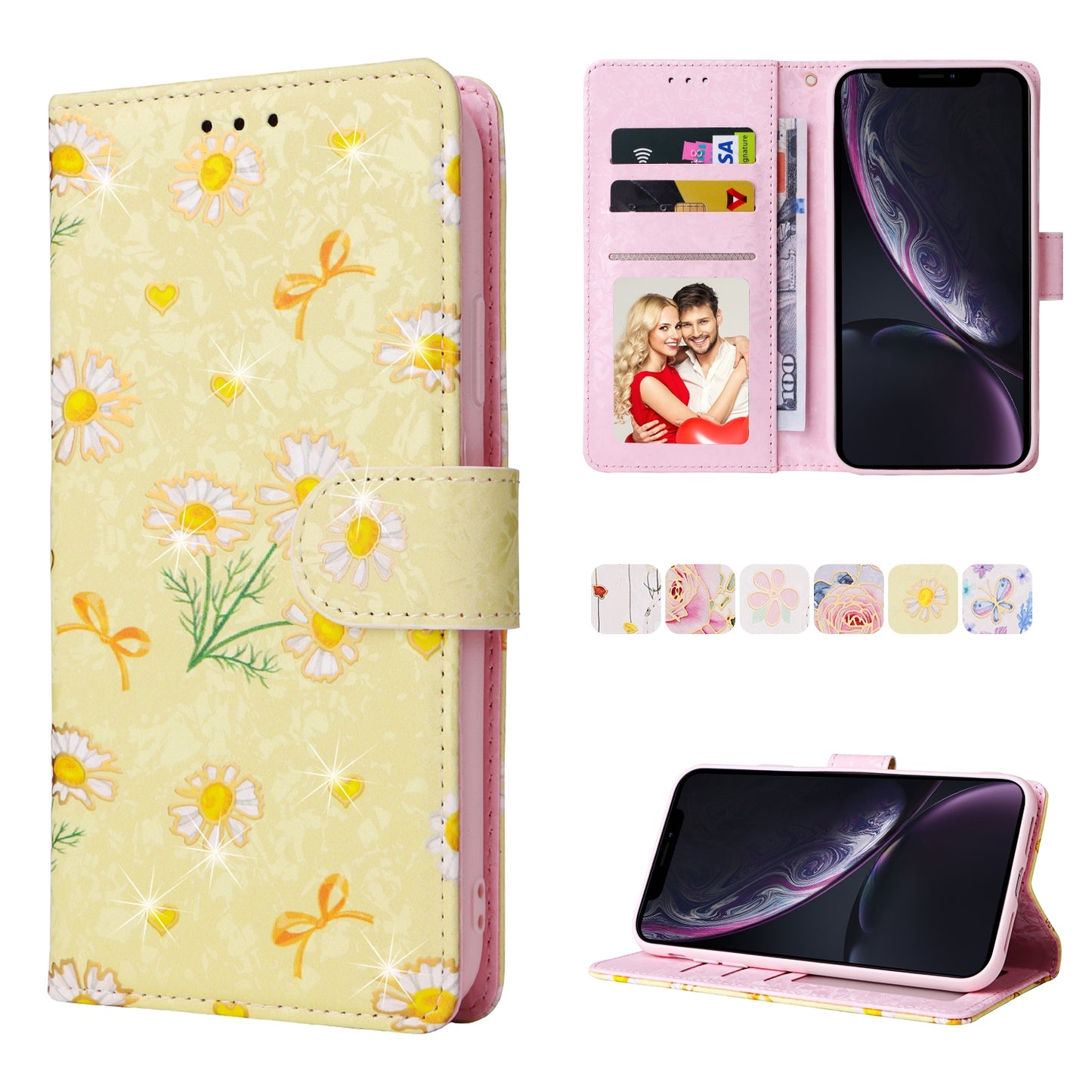 iPhone XR Luxury Bronzing Leather Case - Floral RFID Wallet Cover with Stand & Card Slots