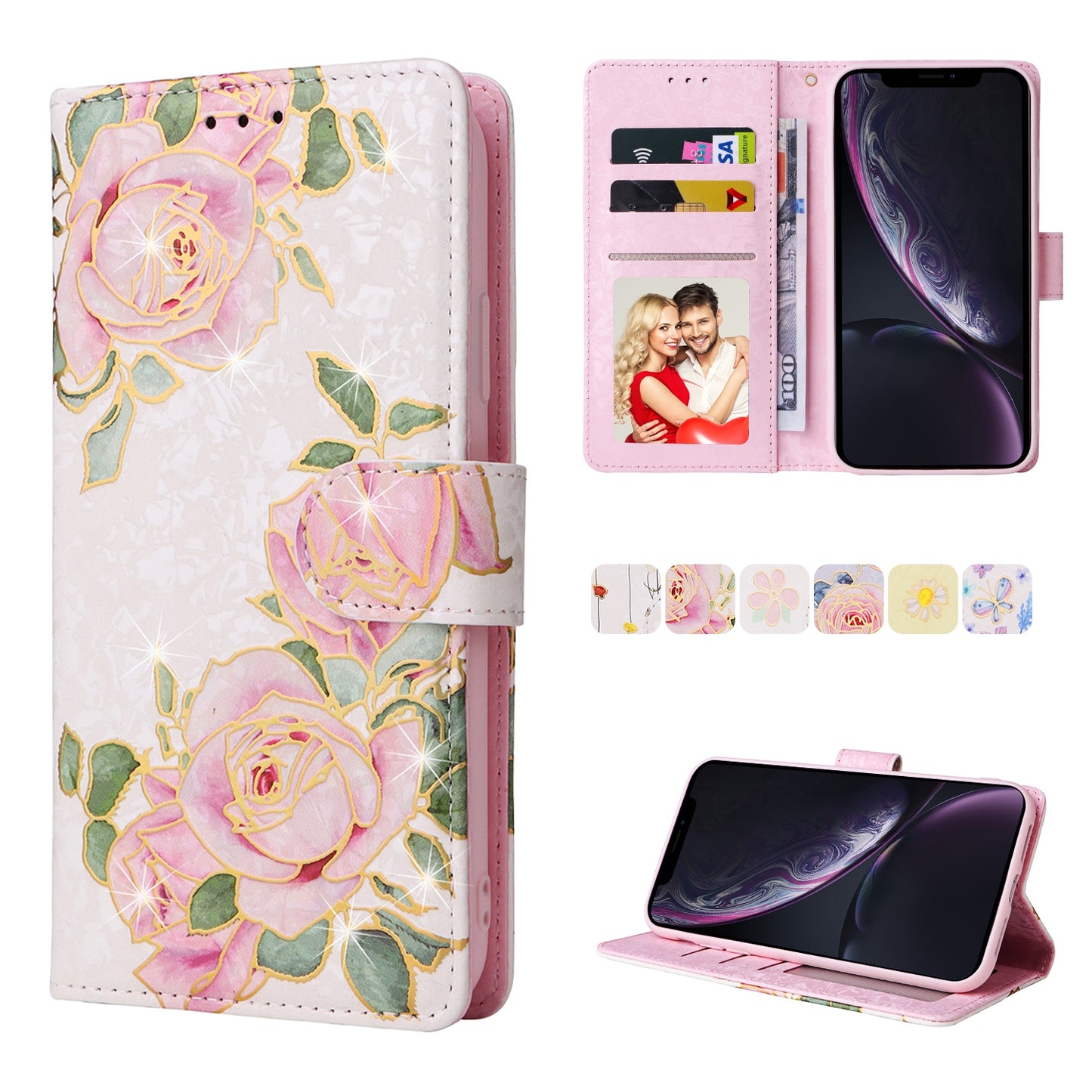 iPhone XR Luxury Bronzing Leather Case - Floral RFID Wallet Cover with Stand & Card Slots