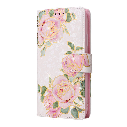 iPhone XR Luxury Bronzing Leather Case - Floral RFID Wallet Cover with Stand & Card Slots