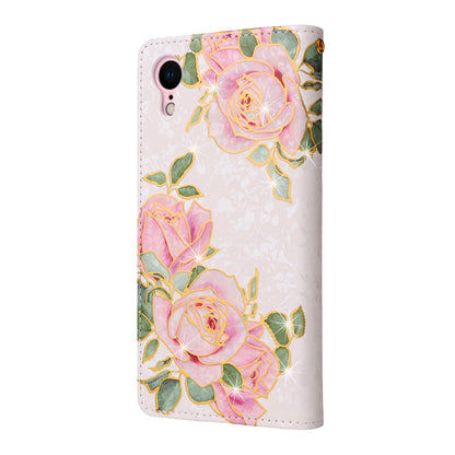 iPhone XR Luxury Bronzing Leather Case - Floral RFID Wallet Cover with Stand & Card Slots