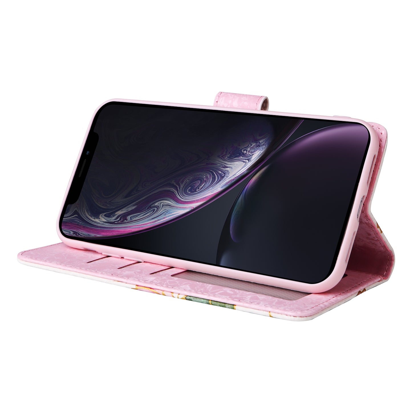 iPhone XR Luxury Bronzing Leather Case - Floral RFID Wallet Cover with Stand & Card Slots