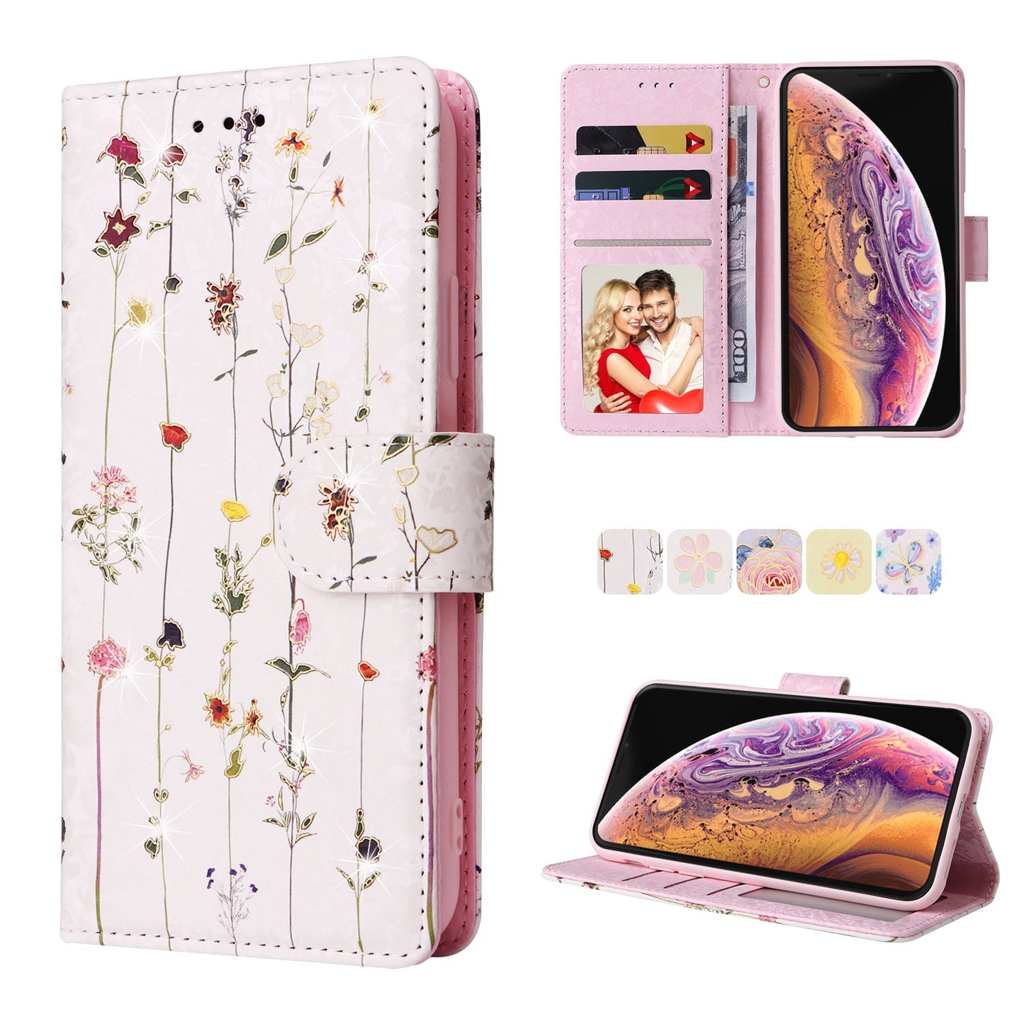 iPhone X/XS Luxury Bronzing Leather Case - Floral RFID Wallet Cover with Stand & Card Slots