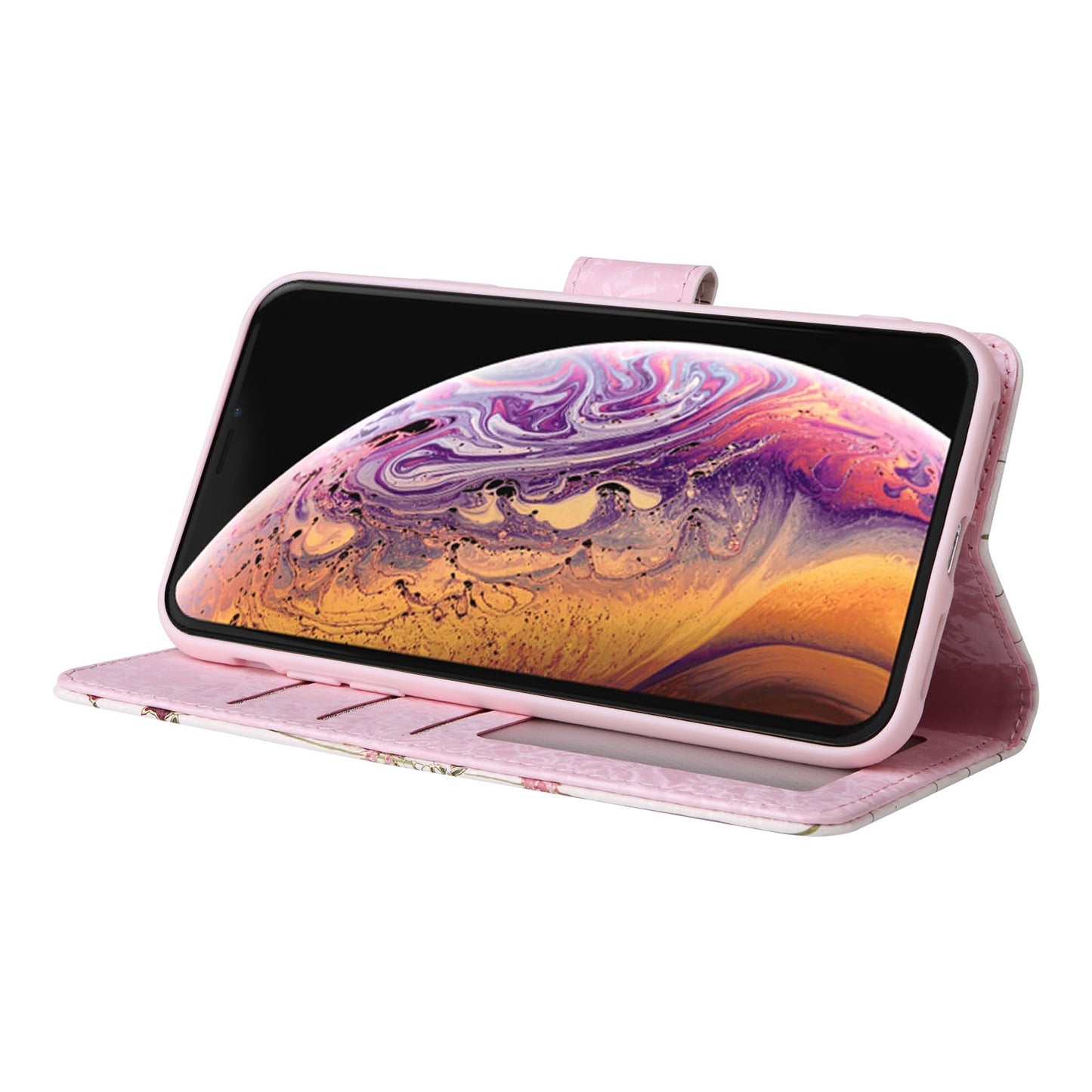 iPhone X/XS Luxury Bronzing Leather Case - Floral RFID Wallet Cover with Stand & Card Slots