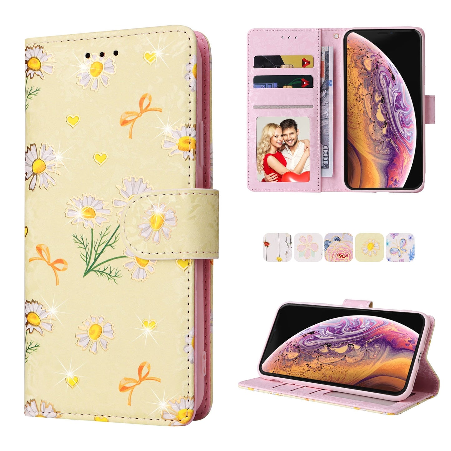 iPhone X/XS Luxury Bronzing Leather Case - Floral RFID Wallet Cover with Stand & Card Slots