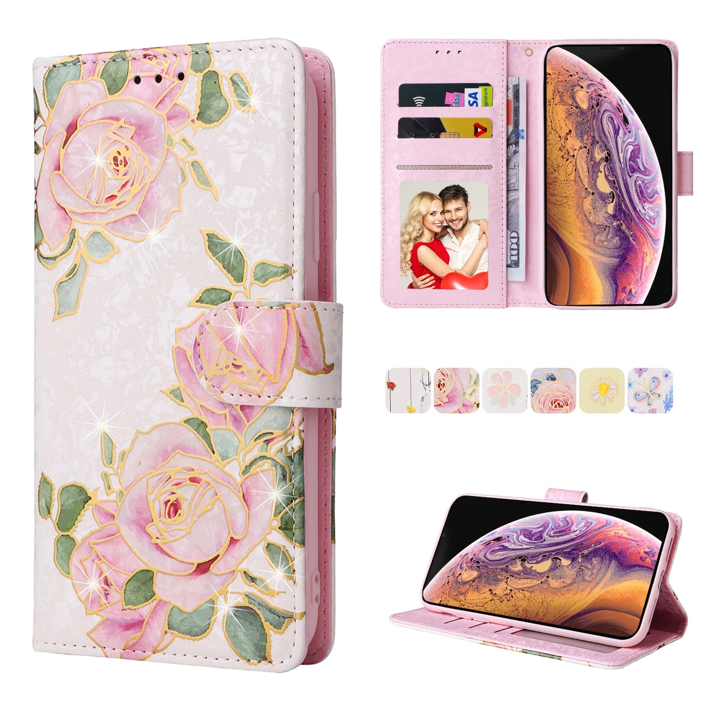 iPhone X/XS Luxury Bronzing Leather Case - Floral RFID Wallet Cover with Stand & Card Slots