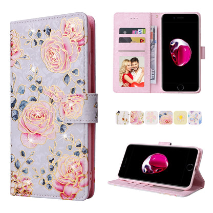 iPhone 7 Plus/8 Plus Luxury Bronzing Leather Case - Floral RFID Wallet Cover with Stand & Card Slots
