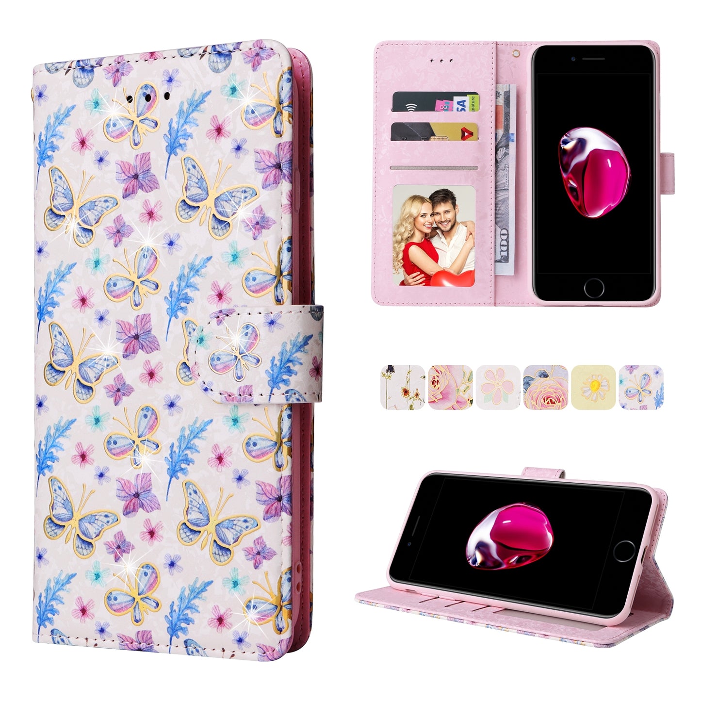 iPhone 7 Plus/8 Plus Luxury Bronzing Leather Case - Floral RFID Wallet Cover with Stand & Card Slots