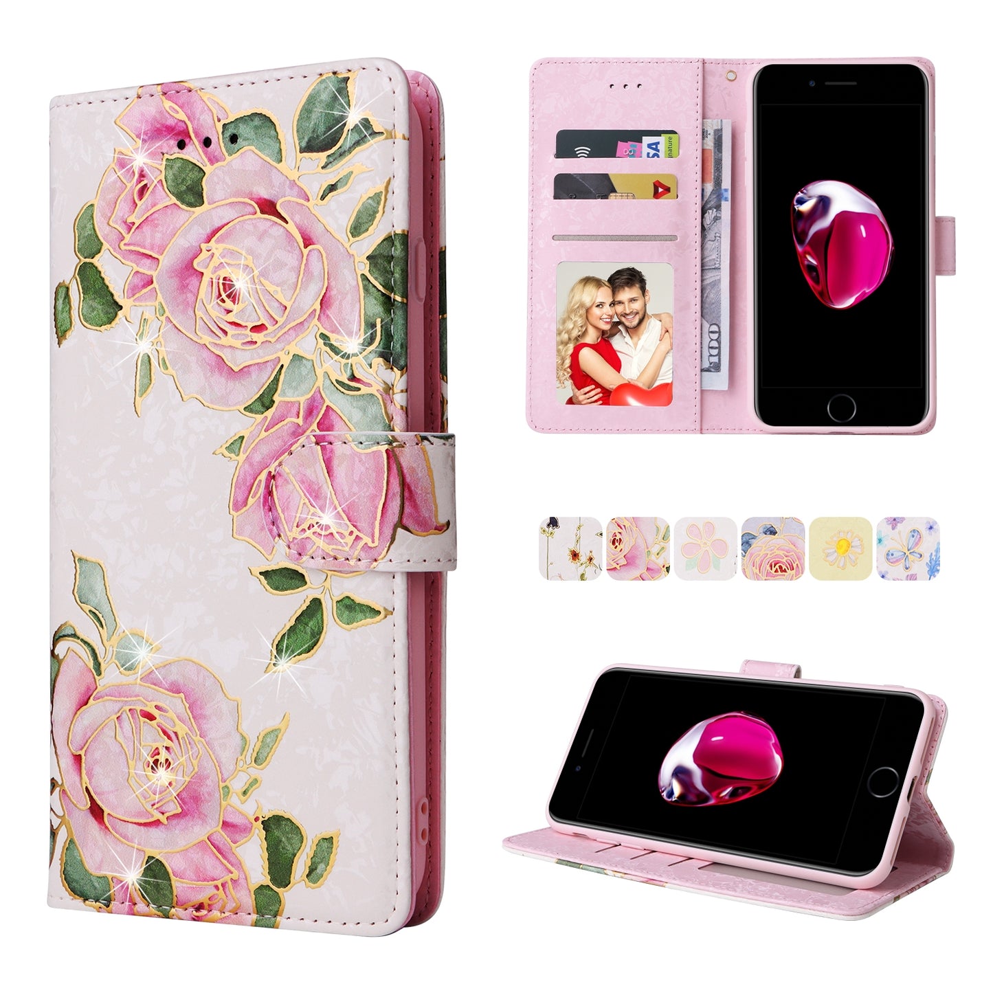 iPhone 7 Plus/8 Plus Luxury Bronzing Leather Case - Floral RFID Wallet Cover with Stand & Card Slots