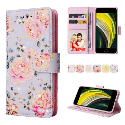 iPhone SE 2022/SE 2020 Luxury Bronzing Leather Case - Floral RFID Wallet Cover with Stand & Card Slots