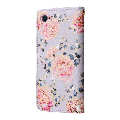 iPhone SE 2022/SE 2020 Luxury Bronzing Leather Case - Floral RFID Wallet Cover with Stand & Card Slots