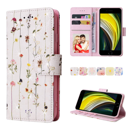 iPhone 7/8 Luxury Bronzing Leather Case - Floral RFID Wallet Cover with Stand & Card Slots