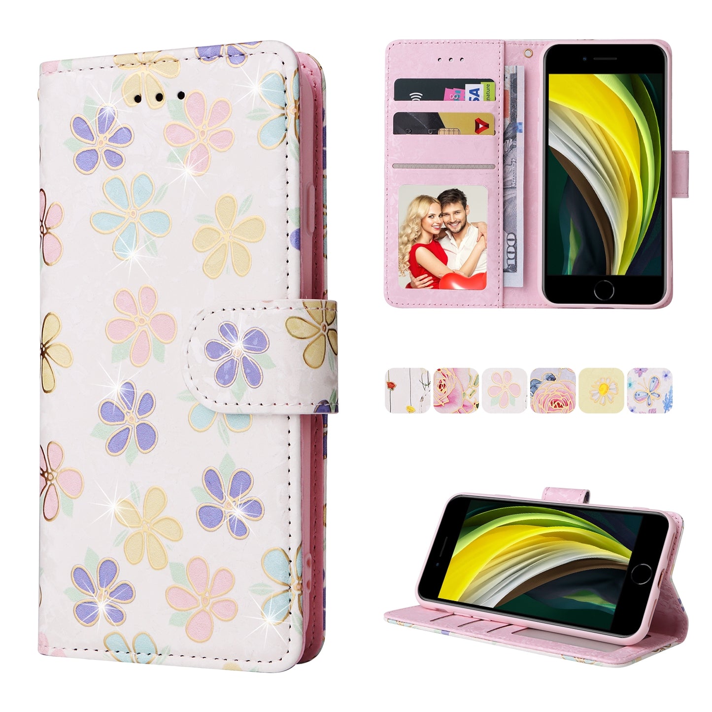iPhone 7/8 Luxury Bronzing Leather Case - Floral RFID Wallet Cover with Stand & Card Slots