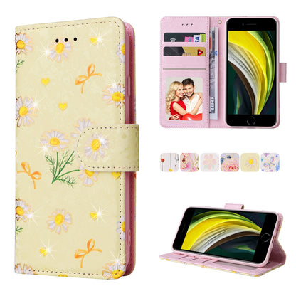 iPhone SE 2022/SE 2020 Luxury Bronzing Leather Case - Floral RFID Wallet Cover with Stand & Card Slots