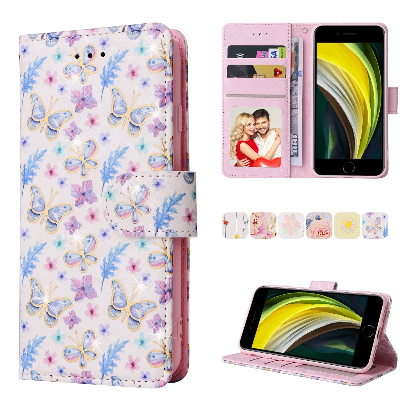 iPhone 7/8 Luxury Bronzing Leather Case - Floral RFID Wallet Cover with Stand & Card Slots