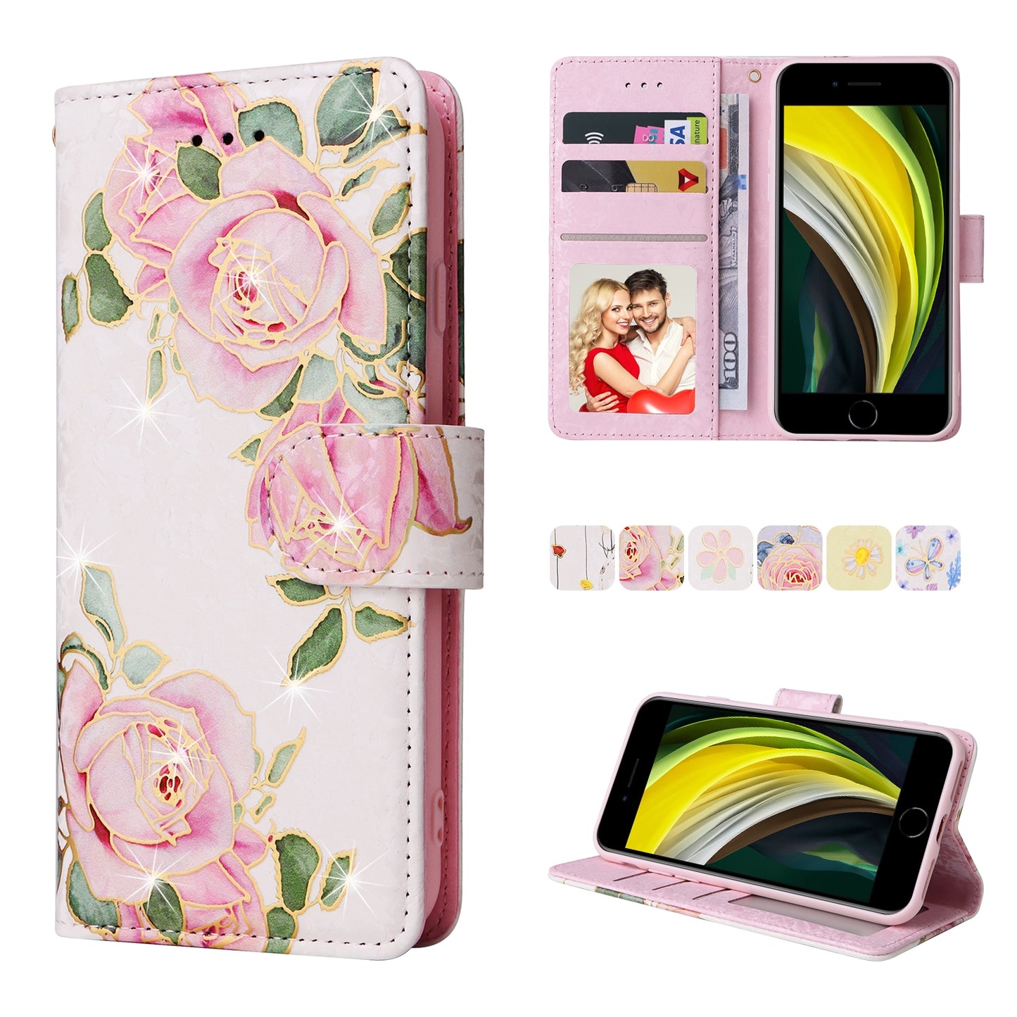 iPhone SE 2022/SE 2020 Luxury Bronzing Leather Case - Floral RFID Wallet Cover with Stand & Card Slots