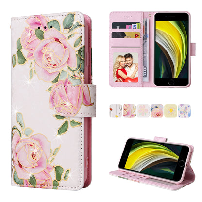 iPhone SE 2022/SE 2020 Luxury Bronzing Leather Case - Floral RFID Wallet Cover with Stand & Card Slots