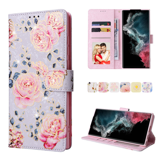 Samsung Galaxy S22 Ultra Luxury Bronzing Leather Case - Floral RFID Wallet Cover with Stand & Card Slots
