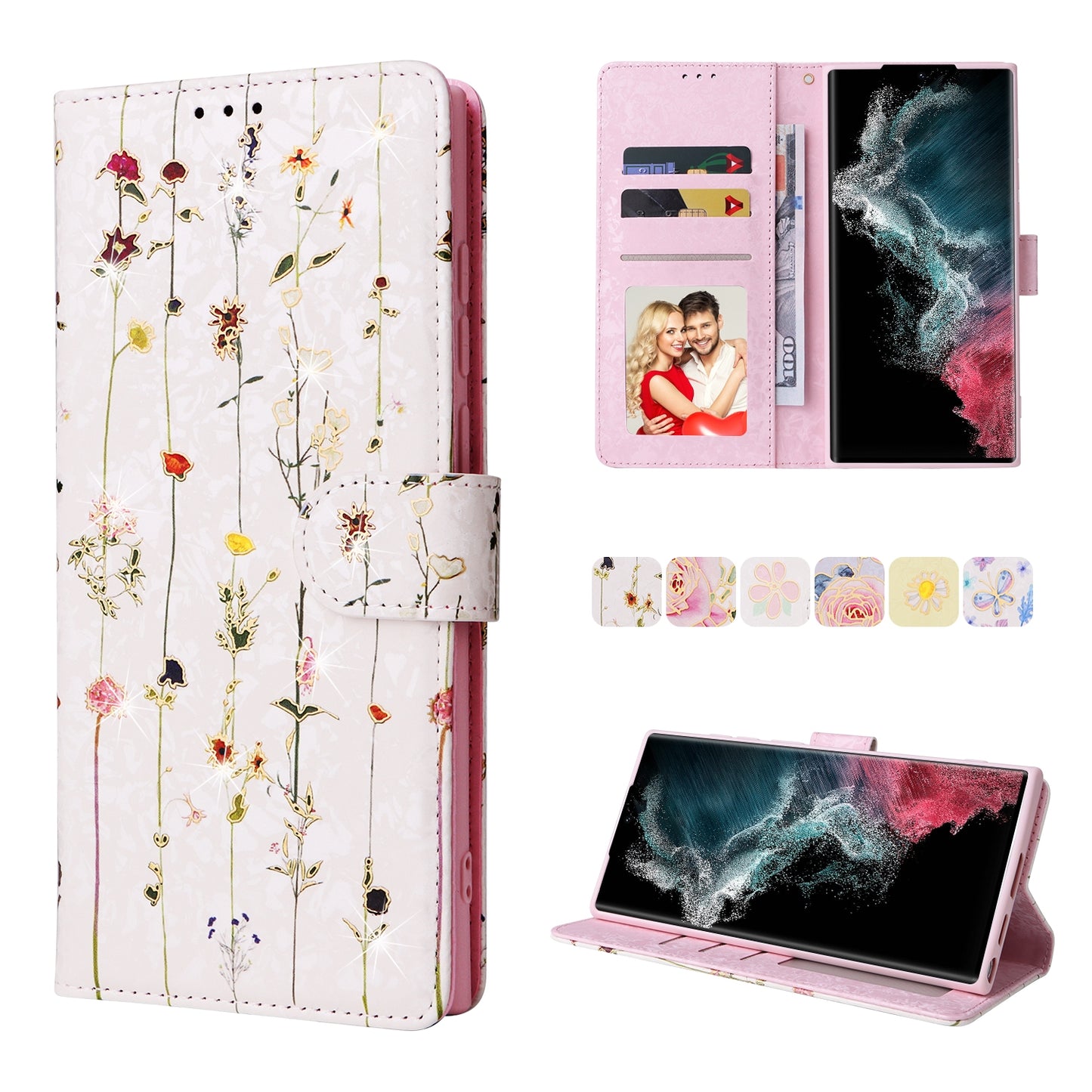 Samsung Galaxy S22 Ultra Luxury Bronzing Leather Case - Floral RFID Wallet Cover with Stand & Card Slots