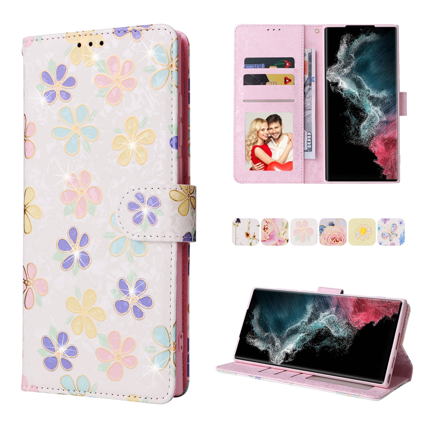 Samsung Galaxy S22 Ultra Luxury Bronzing Leather Case - Floral RFID Wallet Cover with Stand & Card Slots