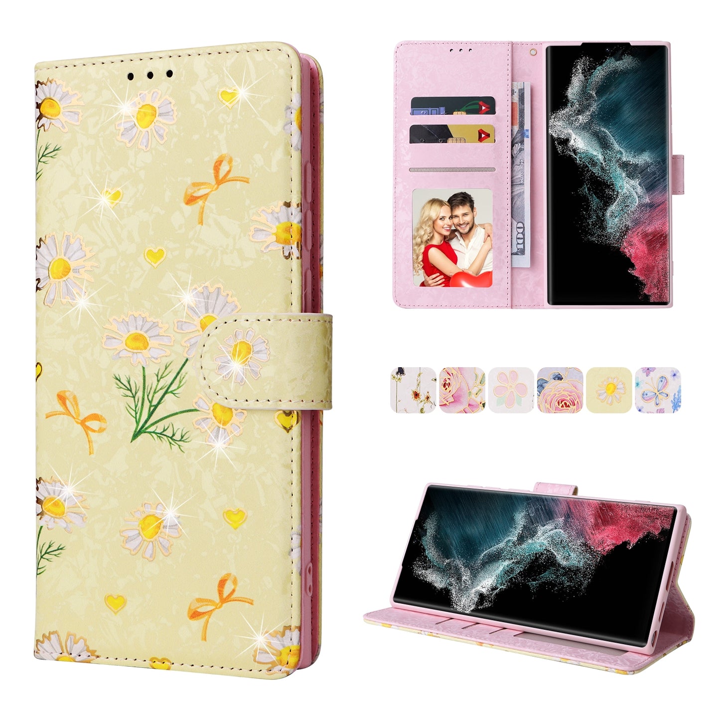 Samsung Galaxy S22 Ultra Luxury Bronzing Leather Case - Floral RFID Wallet Cover with Stand & Card Slots