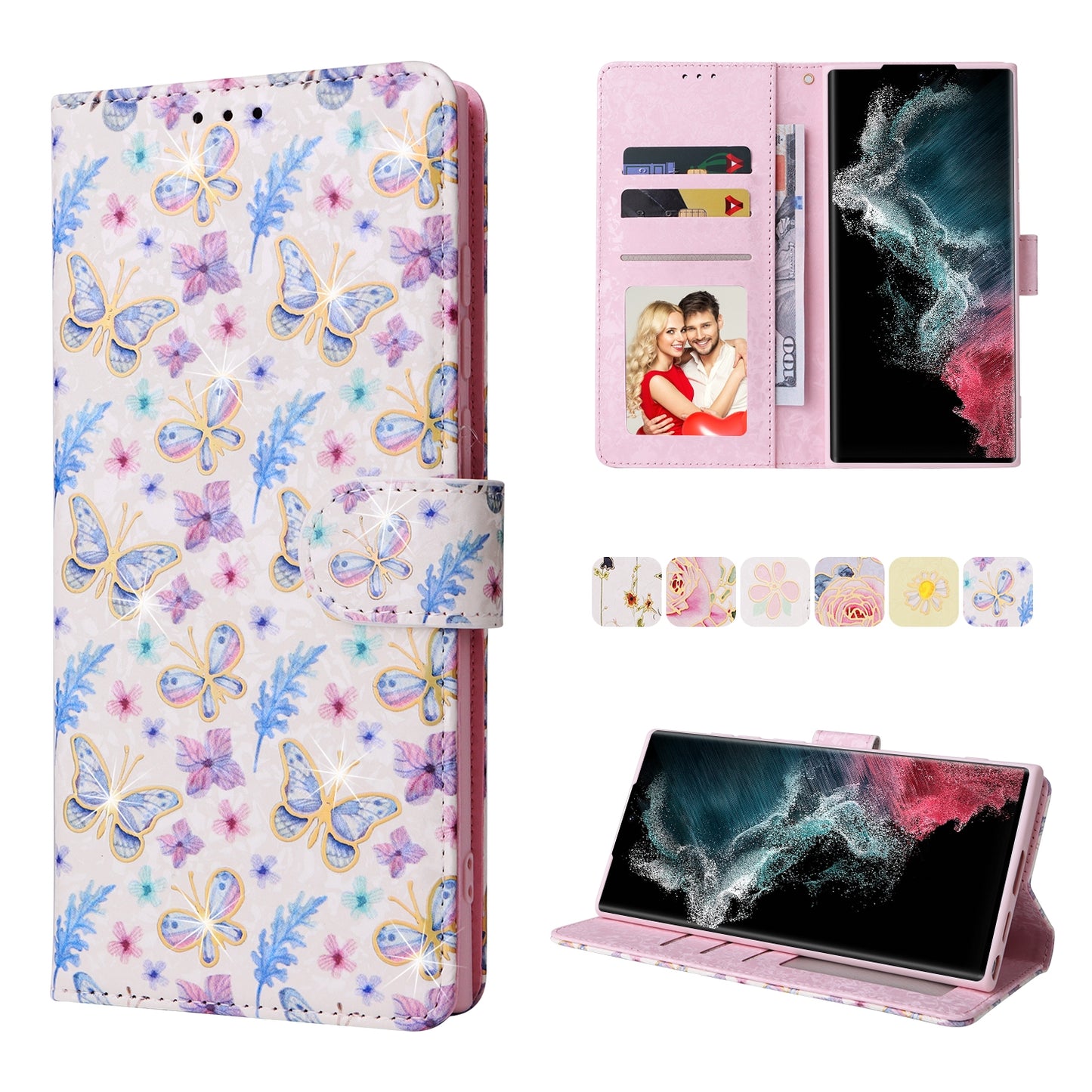 Samsung Galaxy S22 Ultra Luxury Bronzing Leather Case - Floral RFID Wallet Cover with Stand & Card Slots