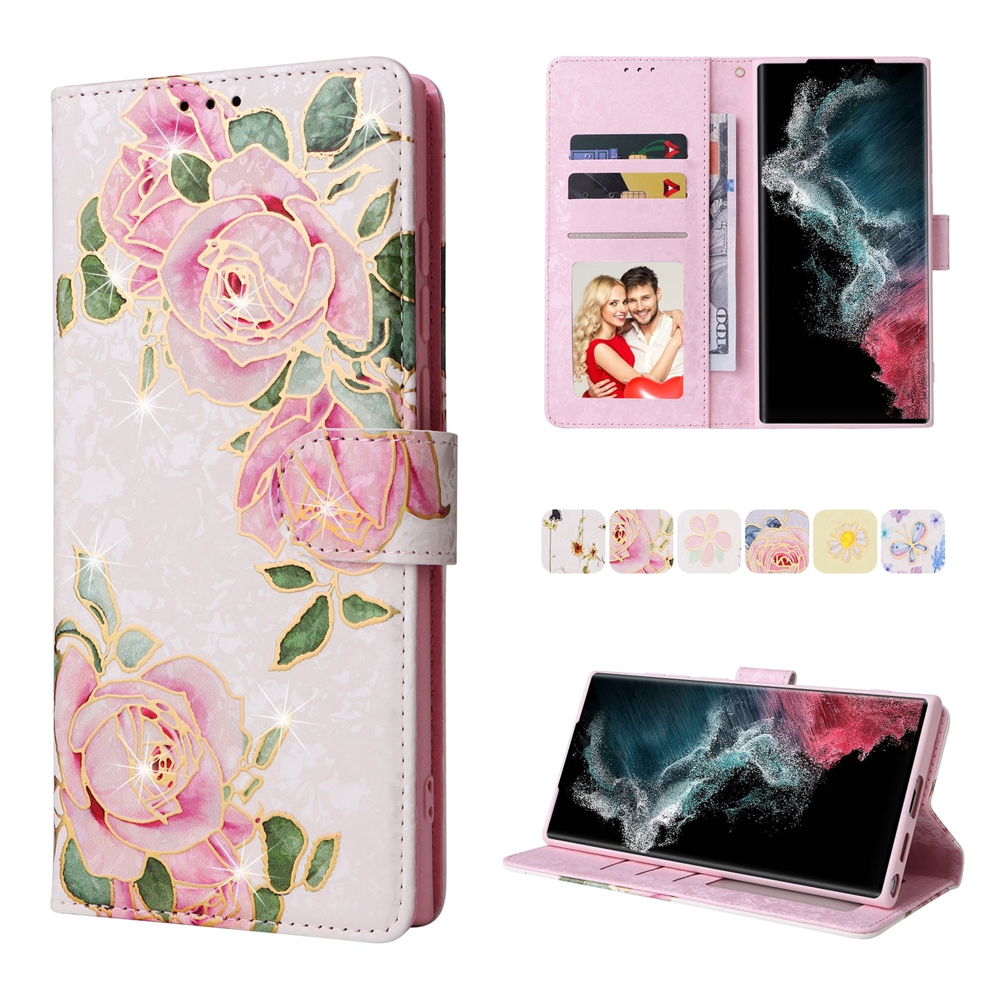 Samsung Galaxy S22 Ultra Luxury Bronzing Leather Case - Floral RFID Wallet Cover with Stand & Card Slots