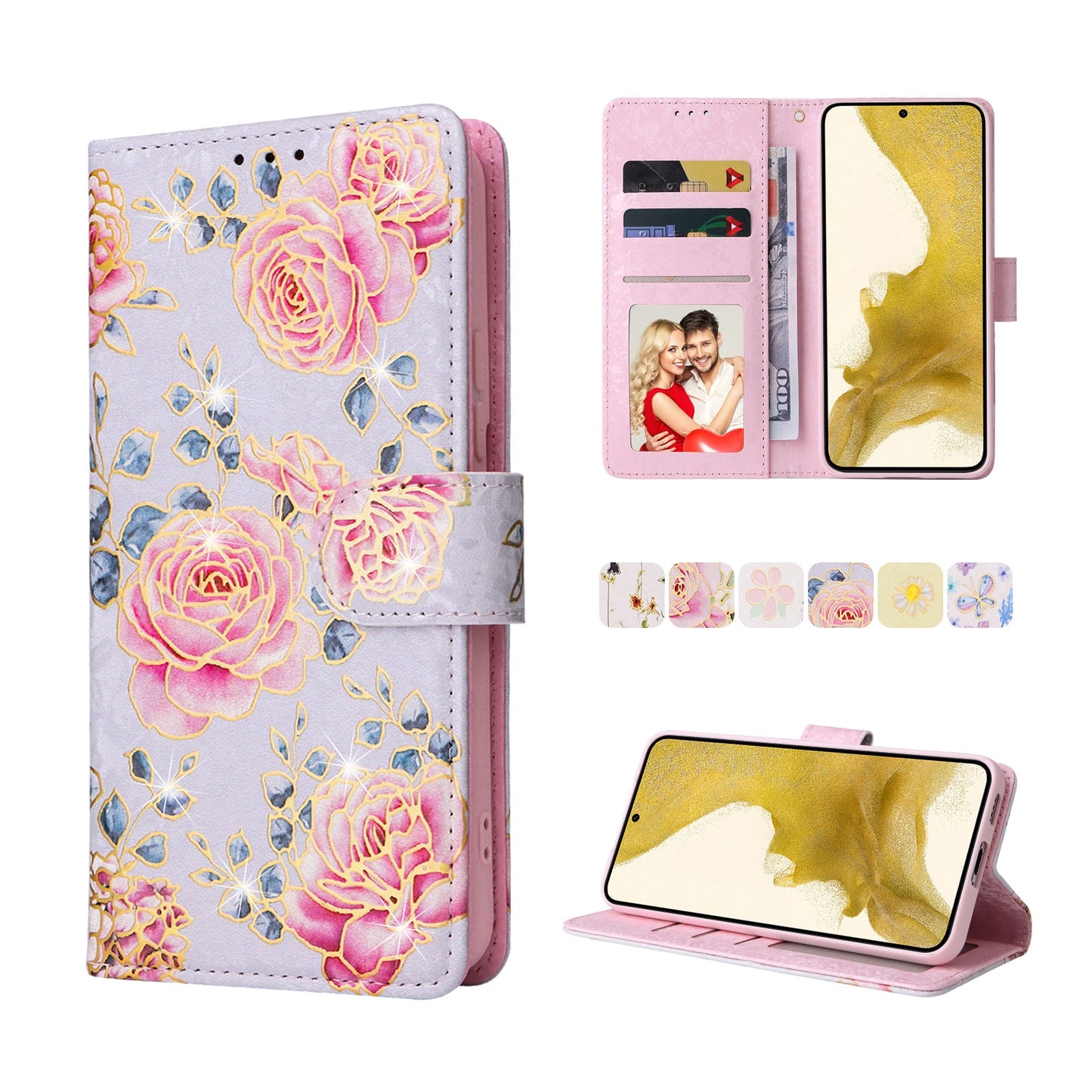 Samsung Galaxy S22 Plus Luxury Bronzing Leather Case - Floral RFID Wallet Cover with Stand & Card Slots