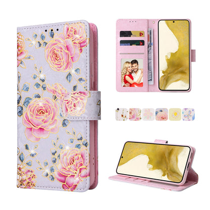 Samsung Galaxy S22 Plus Luxury Bronzing Leather Case - Floral RFID Wallet Cover with Stand & Card Slots