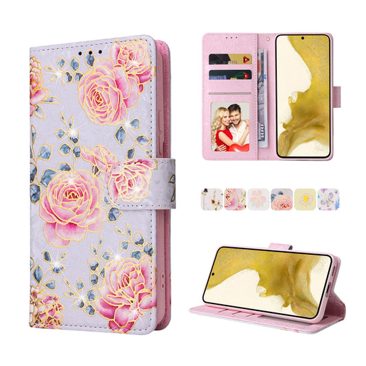 Samsung Galaxy S22 Plus Luxury Bronzing Leather Case - Floral RFID Wallet Cover with Stand & Card Slots
