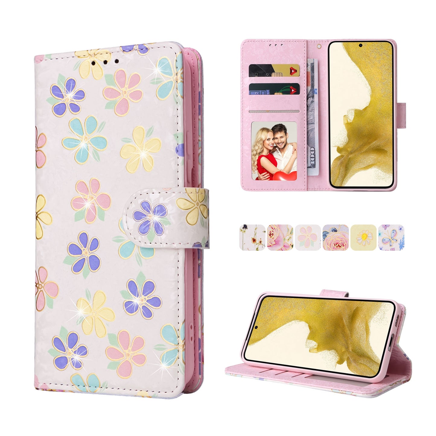 Samsung Galaxy S22 Plus Luxury Bronzing Leather Case - Floral RFID Wallet Cover with Stand & Card Slots