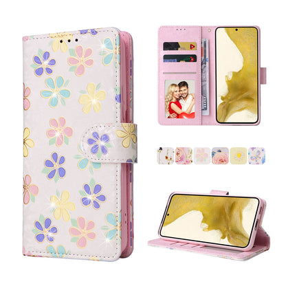 Samsung Galaxy S22 Plus Luxury Bronzing Leather Case - Floral RFID Wallet Cover with Stand & Card Slots