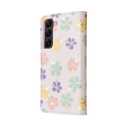Samsung Galaxy S22 Plus Luxury Bronzing Leather Case - Floral RFID Wallet Cover with Stand & Card Slots
