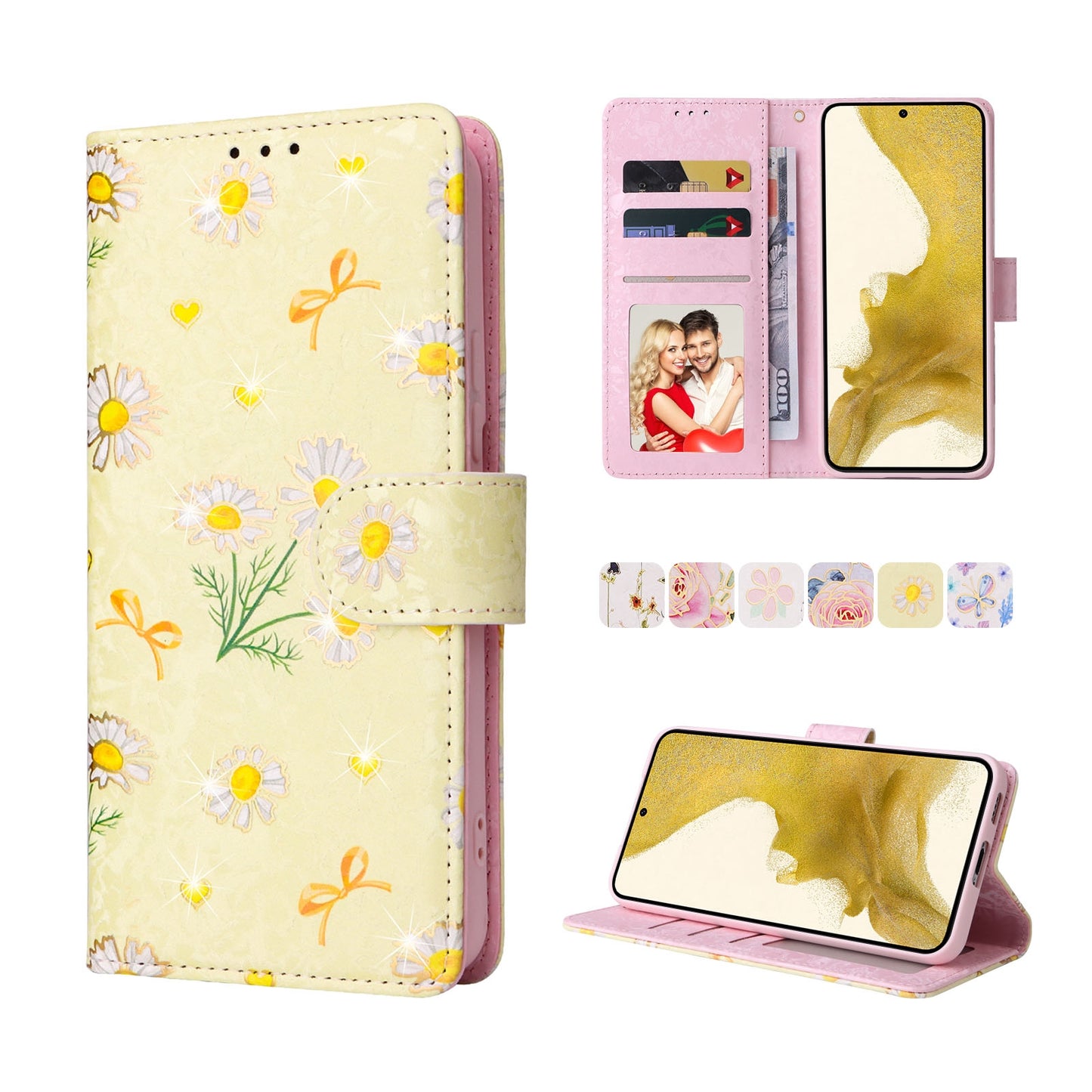Samsung Galaxy S22 Plus Luxury Bronzing Leather Case - Floral RFID Wallet Cover with Stand & Card Slots