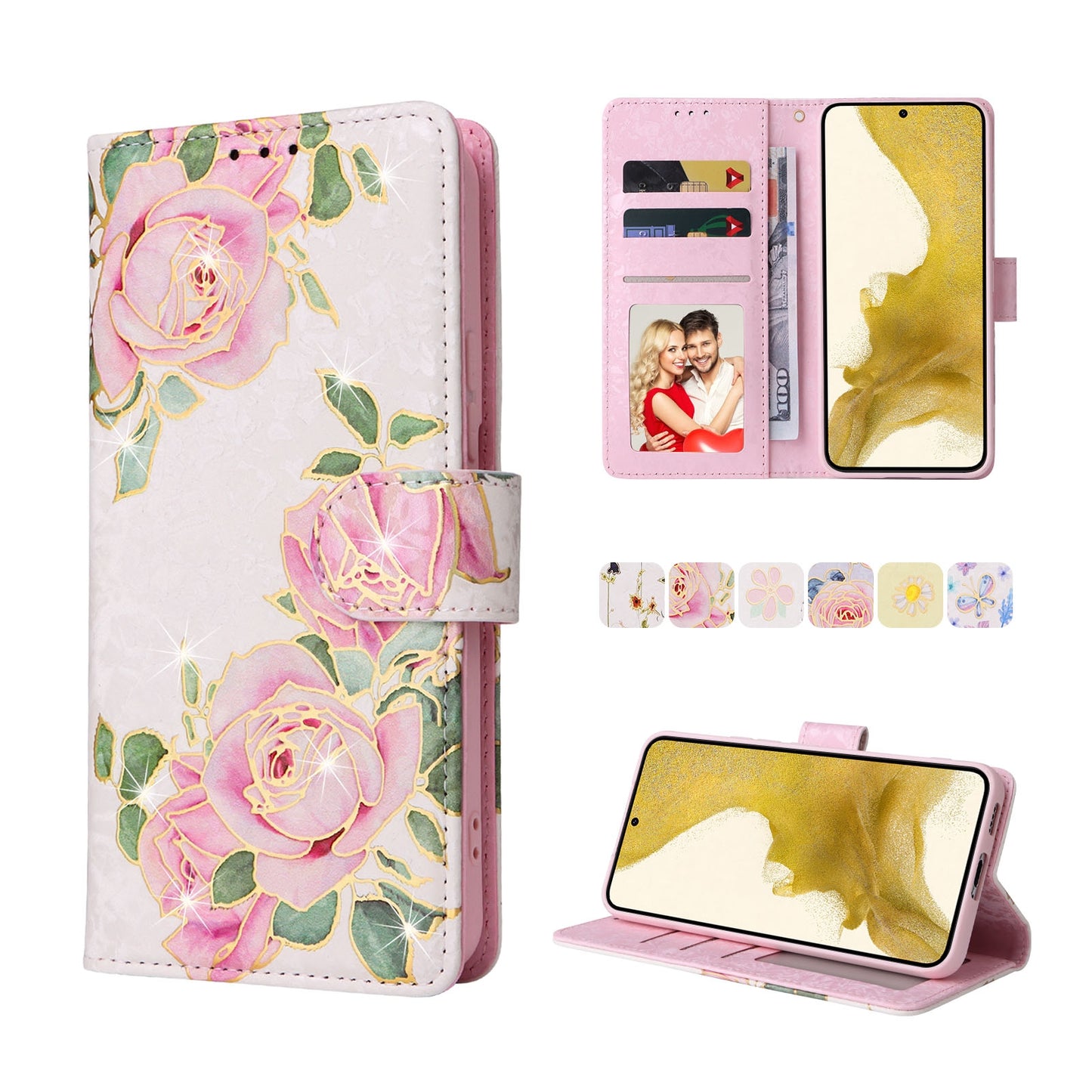 Samsung Galaxy S22 Plus Luxury Bronzing Leather Case - Floral RFID Wallet Cover with Stand & Card Slots