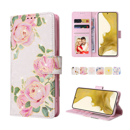 Samsung Galaxy S22 Plus Luxury Bronzing Leather Case - Floral RFID Wallet Cover with Stand & Card Slots