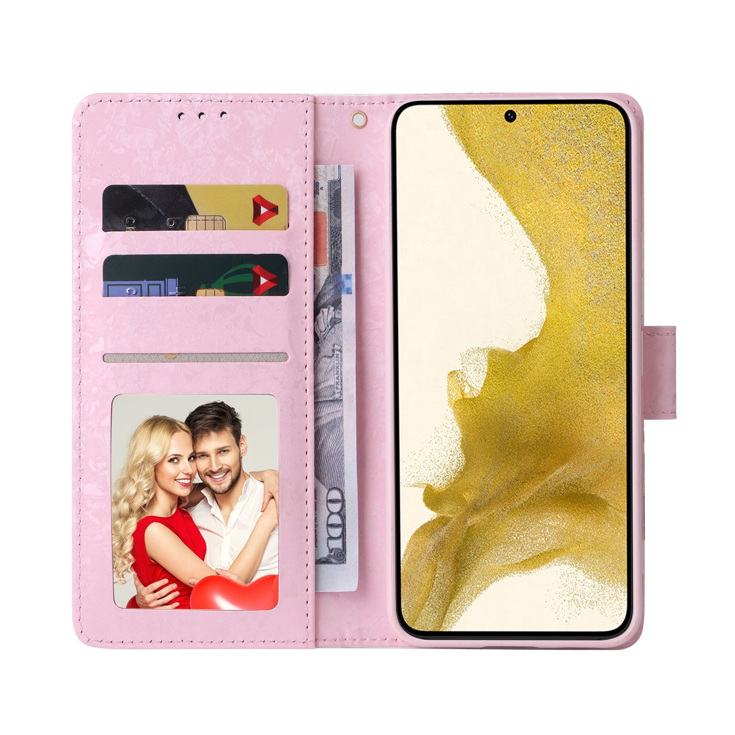 Samsung Galaxy S22 Plus Luxury Bronzing Leather Case - Floral RFID Wallet Cover with Stand & Card Slots