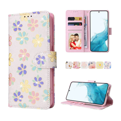 Samsung Galaxy S22 Luxury Bronzing Leather Case - Floral RFID Wallet Cover with Stand & Card Slots