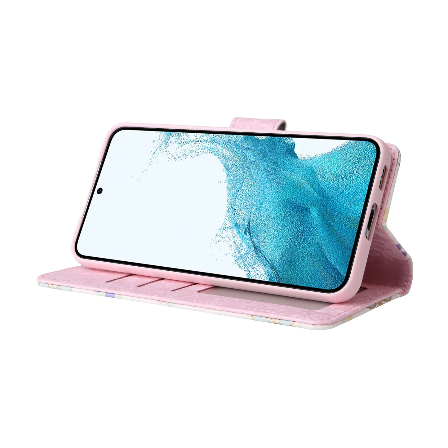 Samsung Galaxy S22 Luxury Bronzing Leather Case - Floral RFID Wallet Cover with Stand & Card Slots