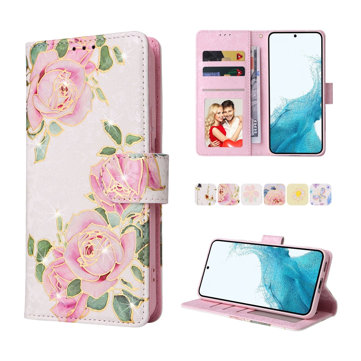 Samsung Galaxy S22 Luxury Bronzing Leather Case - Floral RFID Wallet Cover with Stand & Card Slots