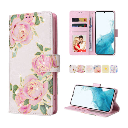 Samsung Galaxy S22 Luxury Bronzing Leather Case - Floral RFID Wallet Cover with Stand & Card Slots