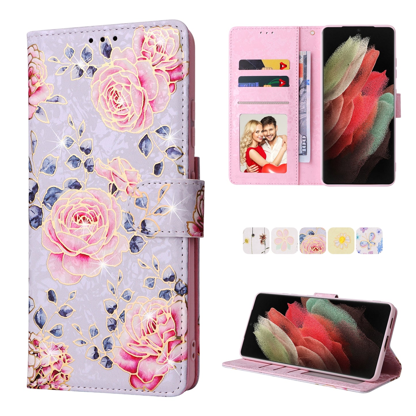 Samsung Galaxy S21 Ultra Luxury Bronzing Leather Case - Floral RFID Wallet Cover with Stand & Card Slots