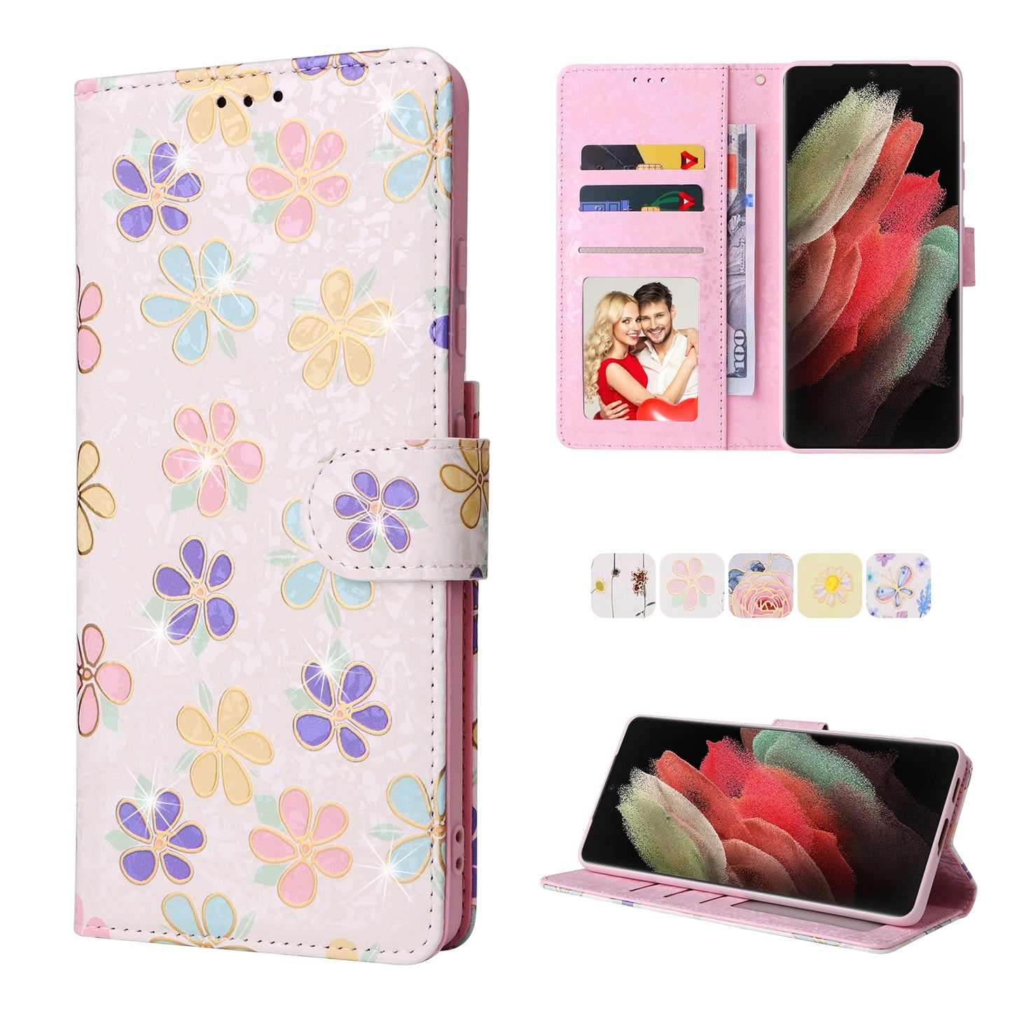 Samsung Galaxy S21 Ultra Luxury Bronzing Leather Case - Floral RFID Wallet Cover with Stand & Card Slots