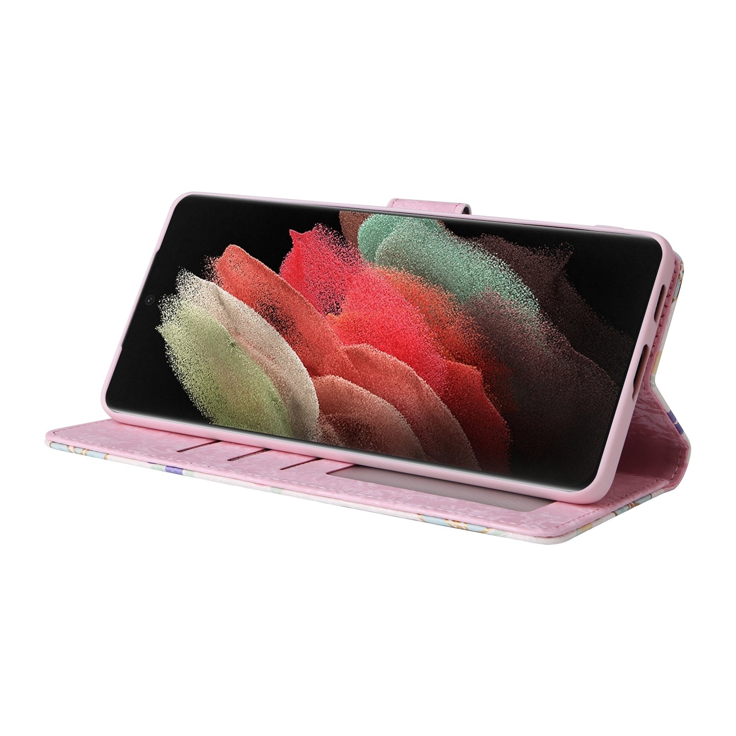 Samsung Galaxy S21 Ultra Luxury Bronzing Leather Case - Floral RFID Wallet Cover with Stand & Card Slots