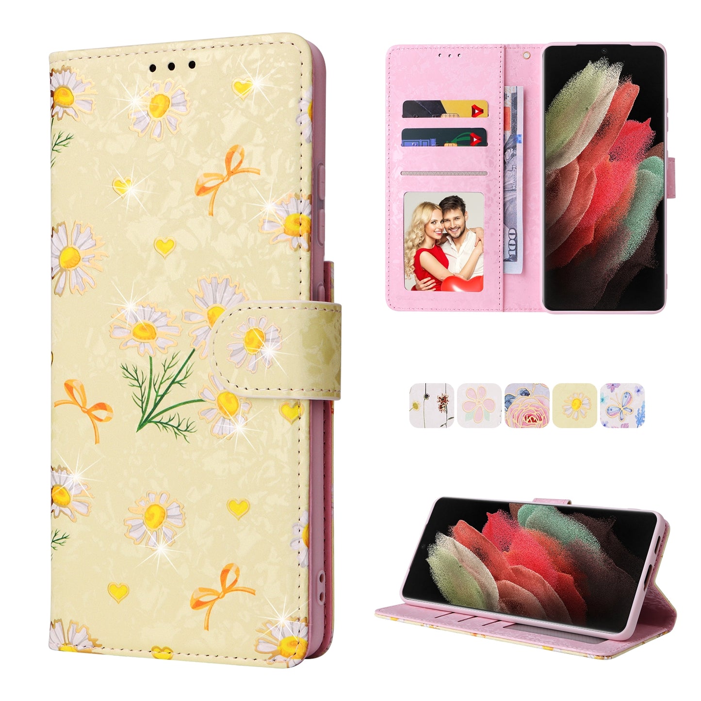Samsung Galaxy S21 Ultra Luxury Bronzing Leather Case - Floral RFID Wallet Cover with Stand & Card Slots