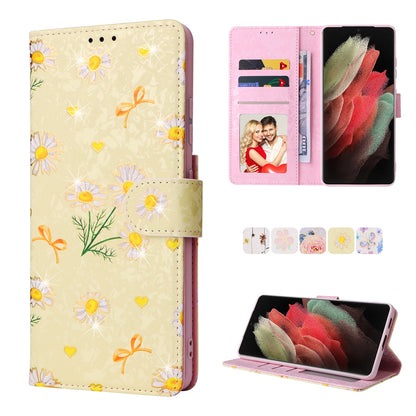 Samsung Galaxy S21 Ultra Luxury Bronzing Leather Case - Floral RFID Wallet Cover with Stand & Card Slots