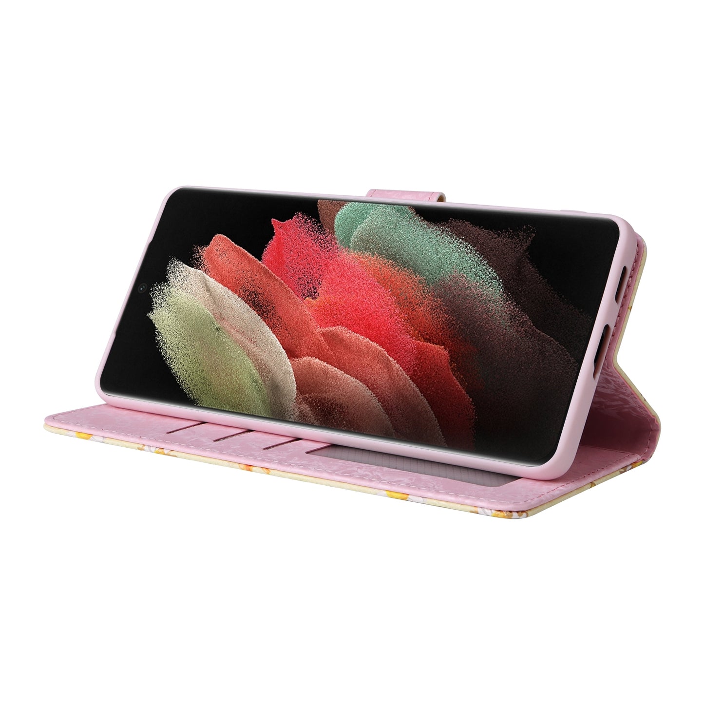 Samsung Galaxy S21 Ultra Luxury Bronzing Leather Case - Floral RFID Wallet Cover with Stand & Card Slots