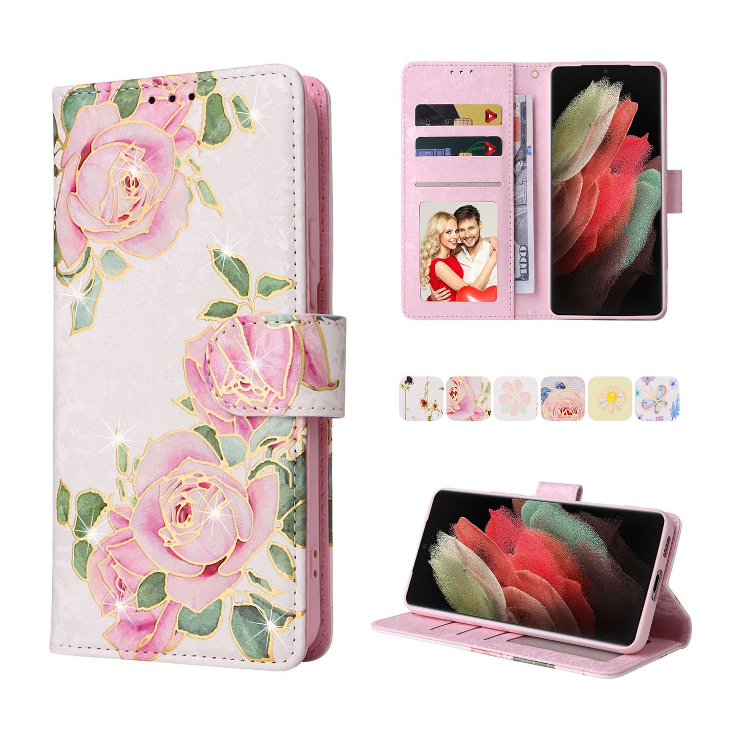 Samsung Galaxy S21 Ultra Luxury Bronzing Leather Case - Floral RFID Wallet Cover with Stand & Card Slots