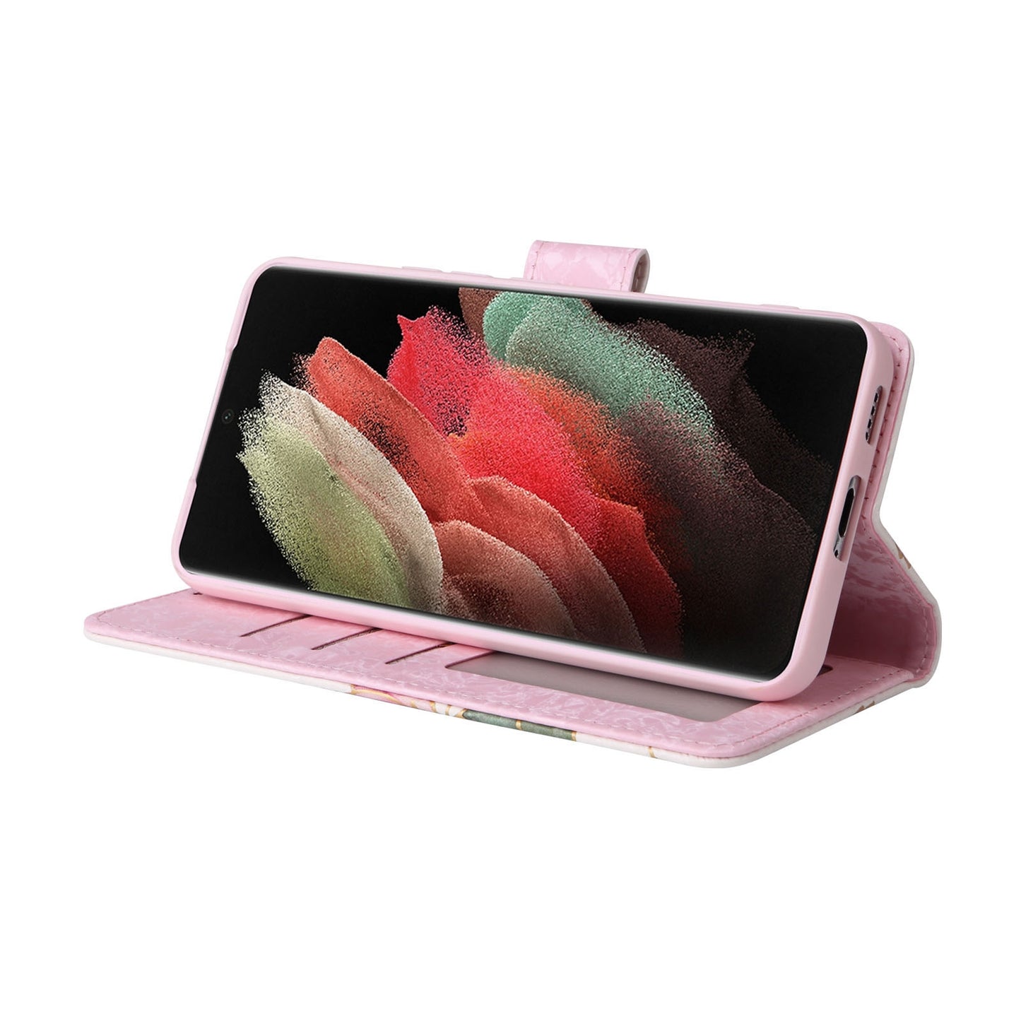 Samsung Galaxy S21 Ultra Luxury Bronzing Leather Case - Floral RFID Wallet Cover with Stand & Card Slots