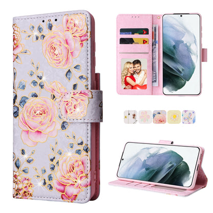Samsung Galaxy S21 Plus Luxury Bronzing Leather Case - Floral RFID Wallet Cover with Stand & Card Slots